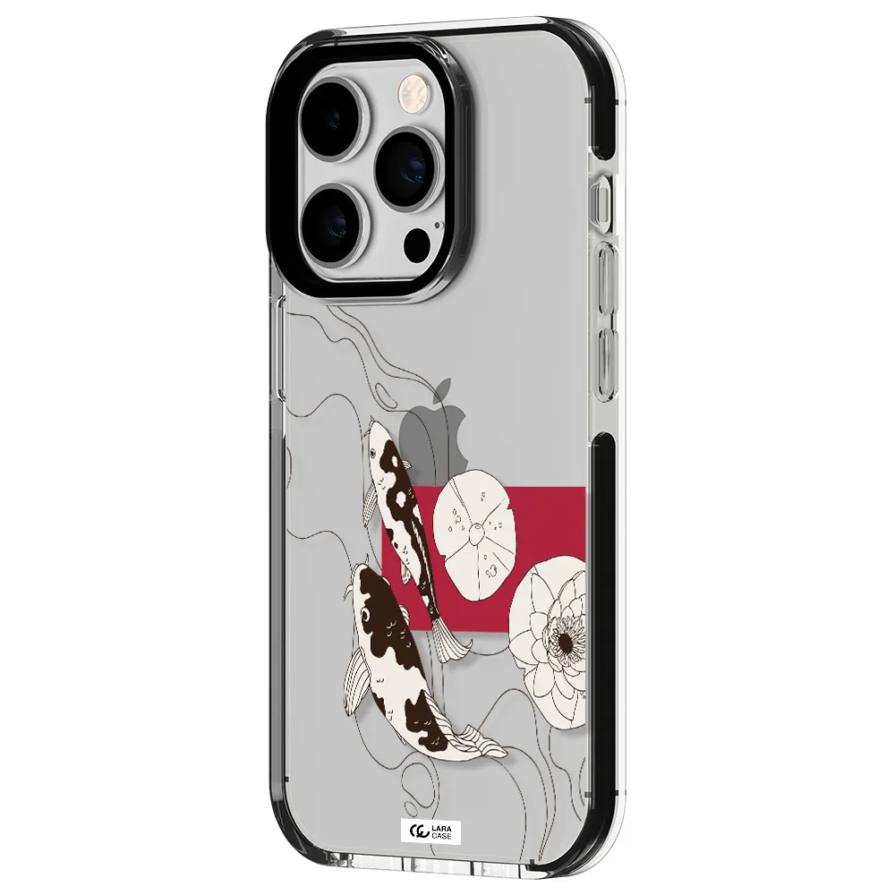 a black and white illustration of fish and flowers Apple iPhone 14 pro impact black border Case