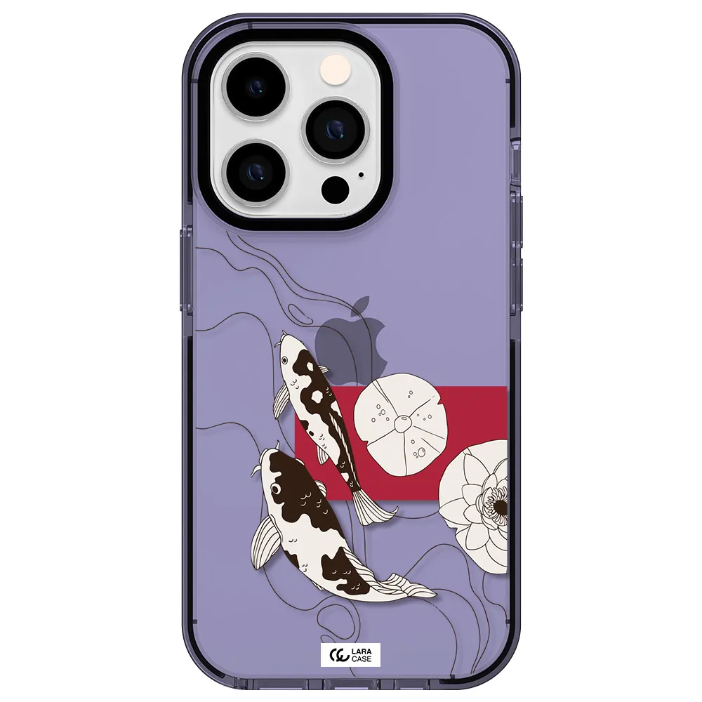 a black and white illustration of fish and flowers Apple iPhone 14 pro impact Lilac Case