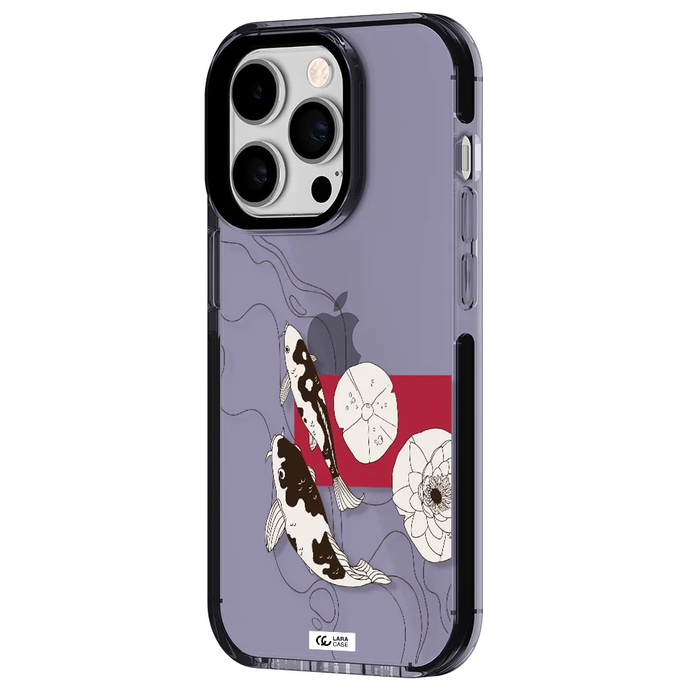 a black and white illustration of fish and flowers Apple iPhone 14 pro impact Lilac Case