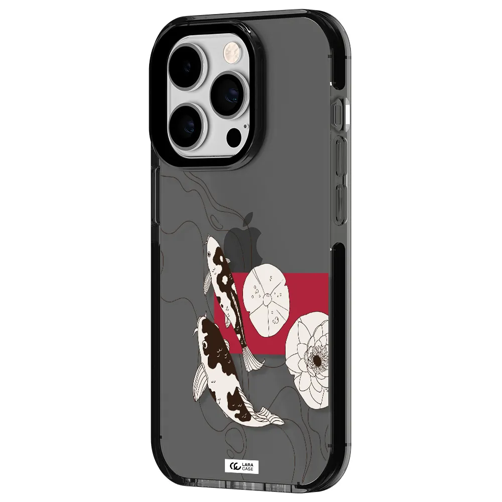 a black and white illustration of fish and flowers Apple iPhone 14 pro impact Smoke Black Case