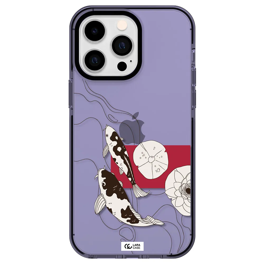 a black and white illustration of fish and flowers Apple iPhone 14 pro max impact Lilac Case