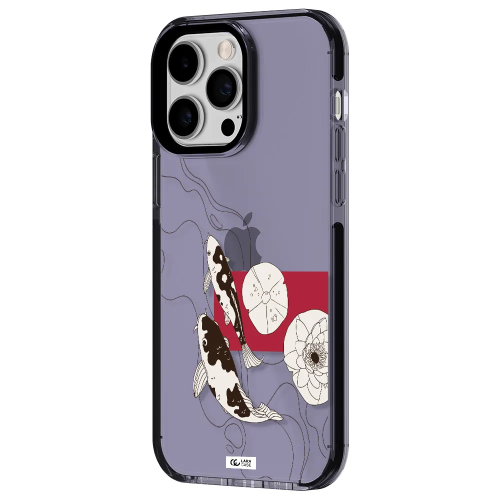 a black and white illustration of fish and flowers Apple iPhone 14 pro max impact Lilac Case