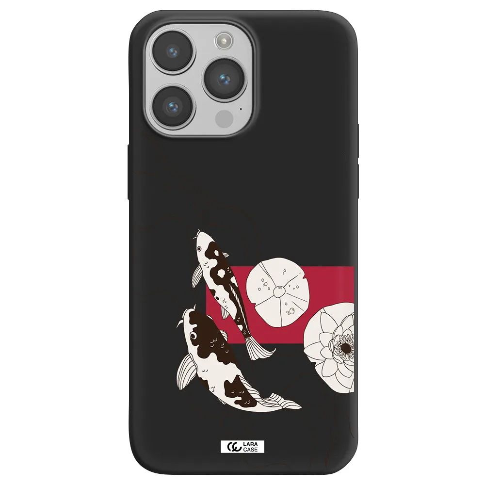 a black and white illustration of fish and flowers Apple iPhone 14 pro max Silicone black Case