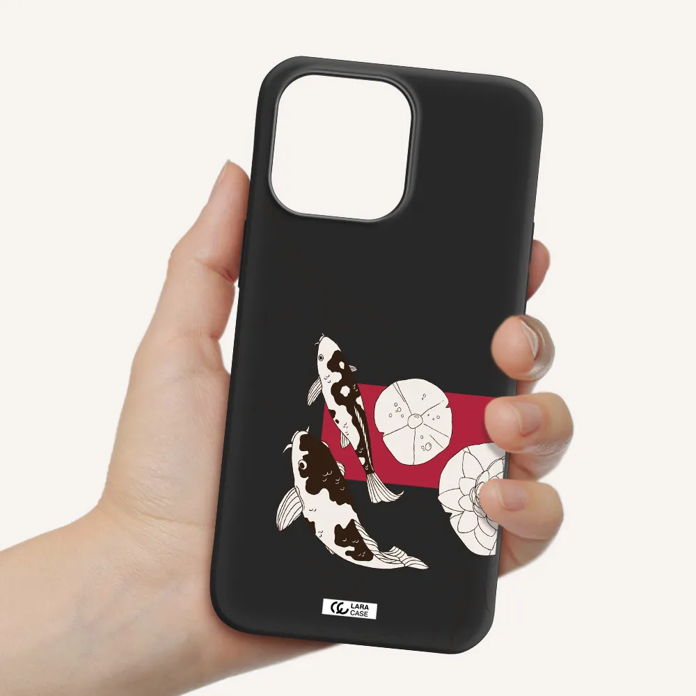a black and white illustration of fish and flowers Apple iPhone 14 pro max Silicone black Case