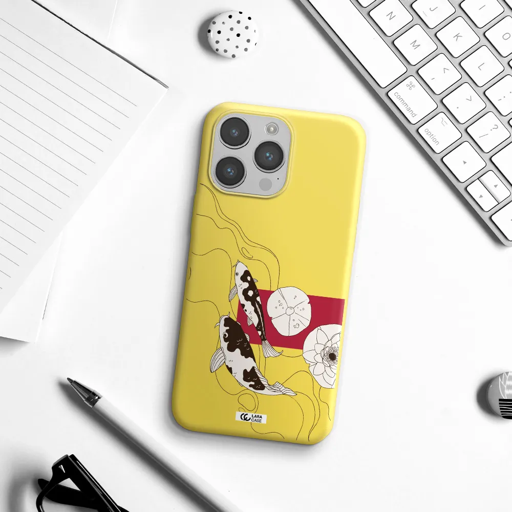 a black and white illustration of fish and flowers Apple iPhone 14 pro max Silicone canary yellow Case