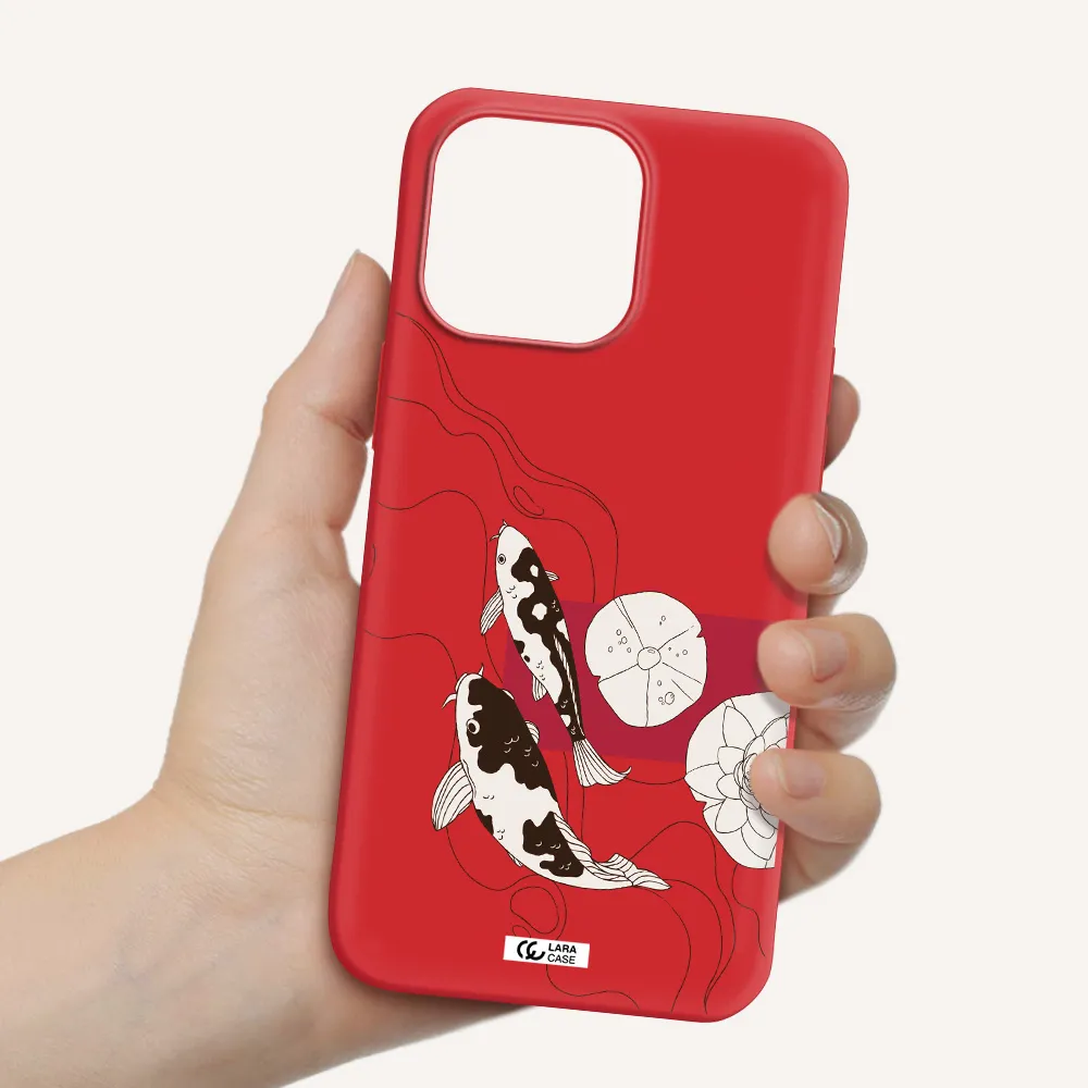 a black and white illustration of fish and flowers Apple iPhone 14 pro max Silicone Imperial Red Case