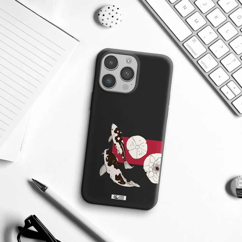 a black and white illustration of fish and flowers Apple iPhone 14 pro Silicone black Case