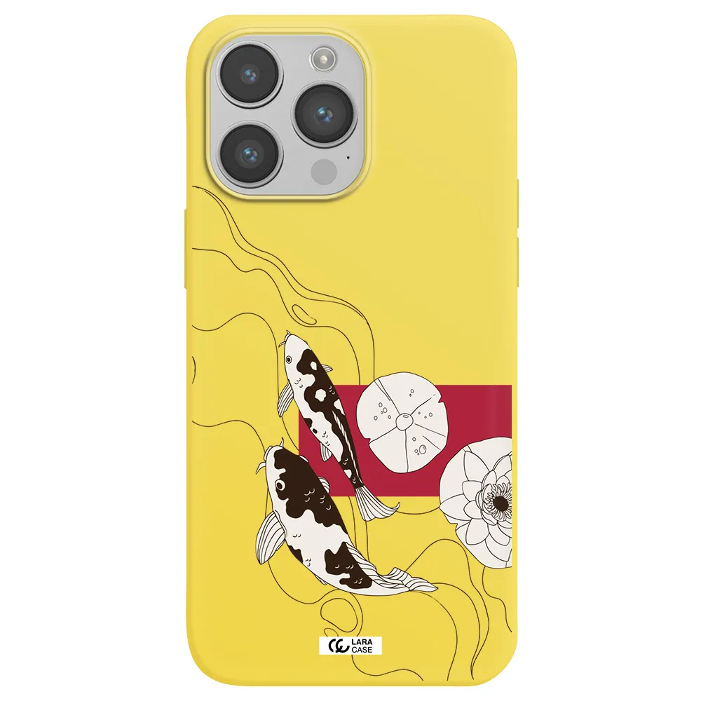 a black and white illustration of fish and flowers Apple iPhone 14 pro Silicone canary yellow Case