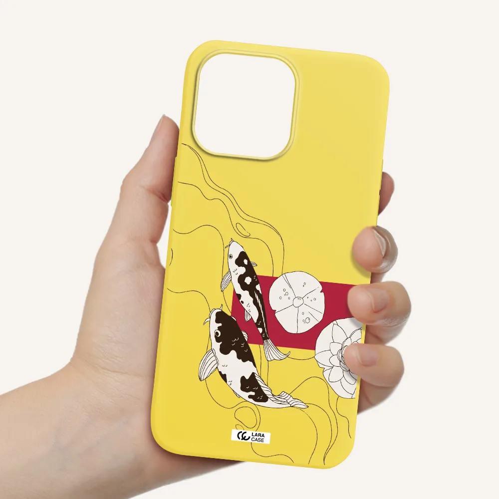 a black and white illustration of fish and flowers Apple iPhone 14 pro Silicone canary yellow Case