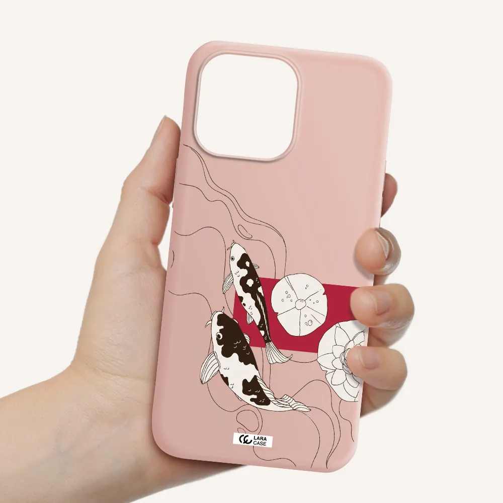 a black and white illustration of fish and flowers Apple iPhone 14 pro Silicone pastel pink Case