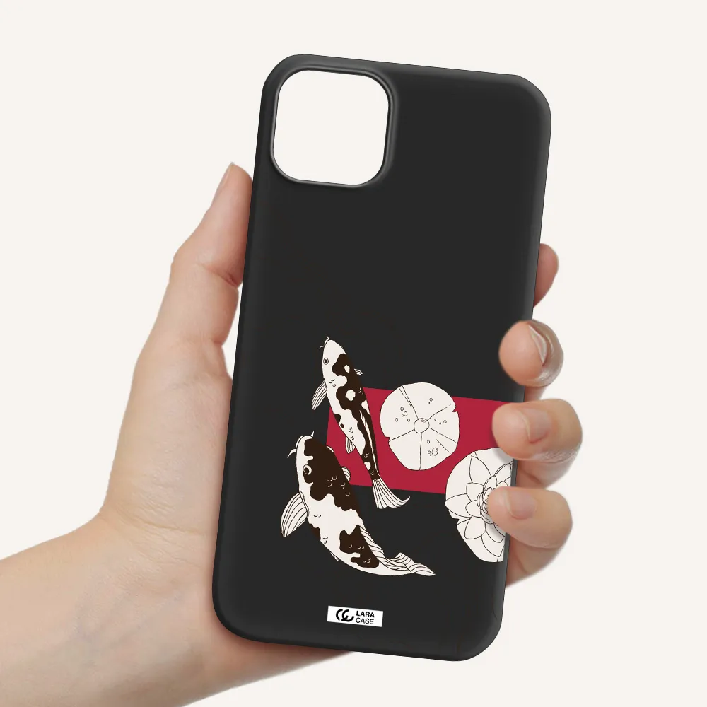 a black and white illustration of fish and flowers Apple iPhone 14 Silicone black Case