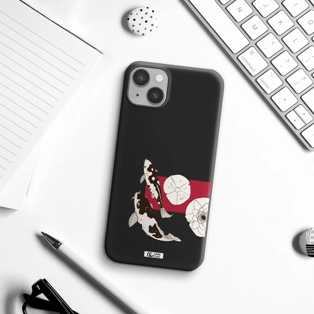 a black and white illustration of fish and flowers Apple iPhone 14 Silicone black Case