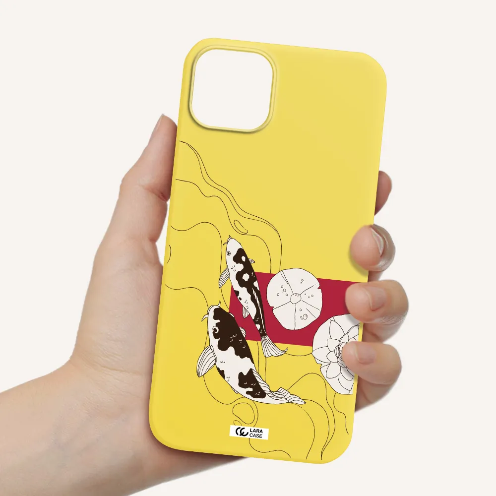 a black and white illustration of fish and flowers Apple iPhone 14 Silicone canary yellow Case