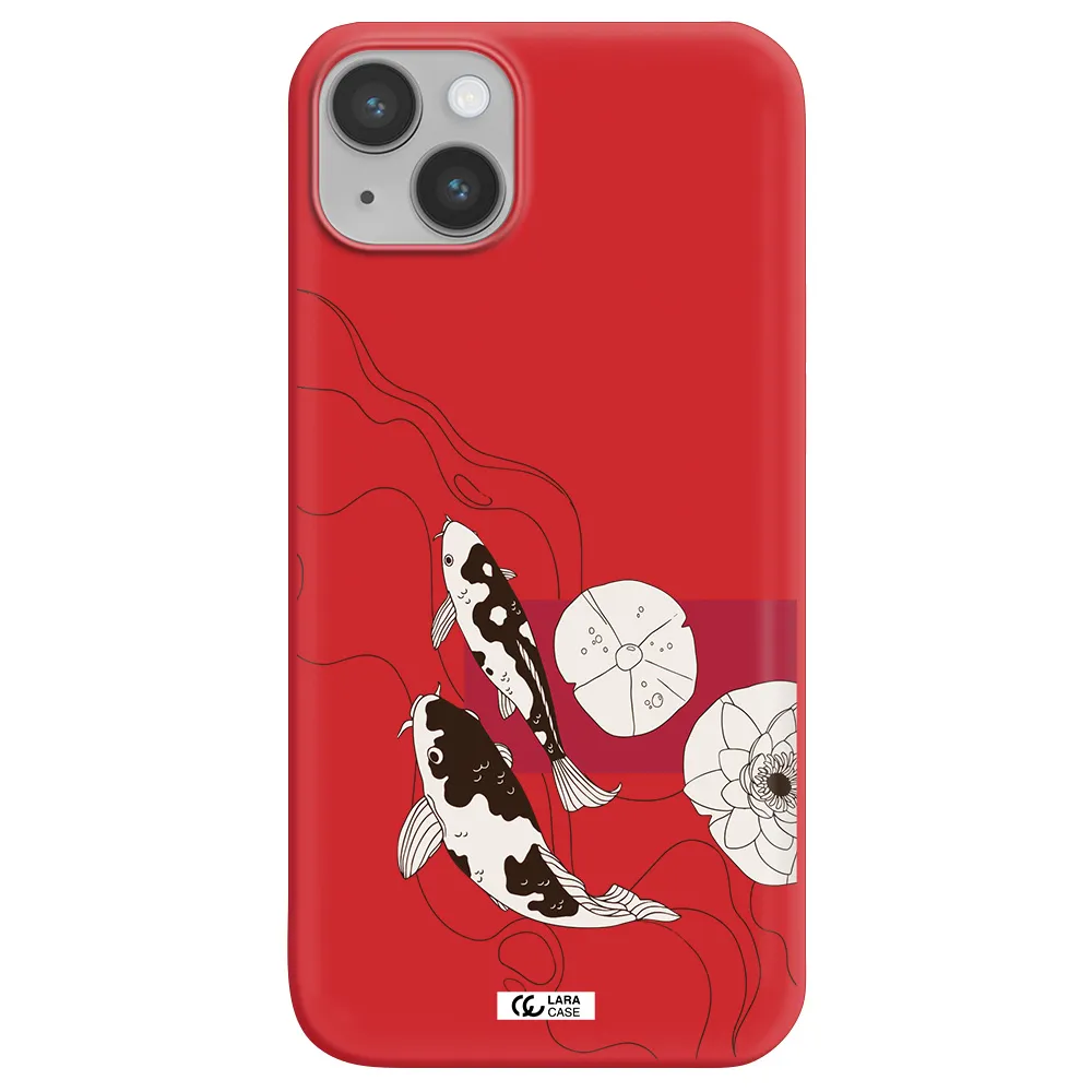 a black and white illustration of fish and flowers Apple iPhone 14 Silicone Imperial Red Case