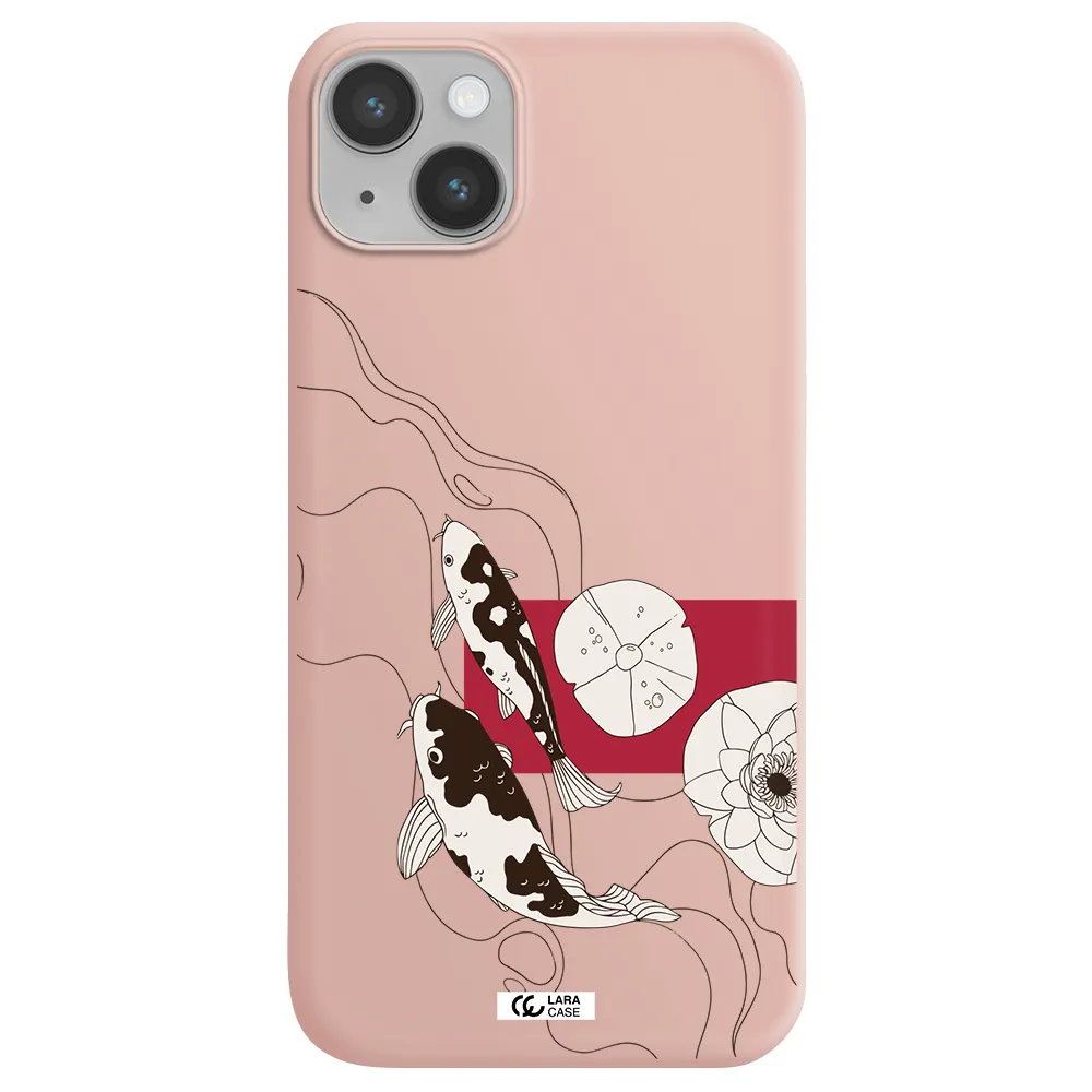 a black and white illustration of fish and flowers Apple iPhone 14 Silicone pastel pink Case