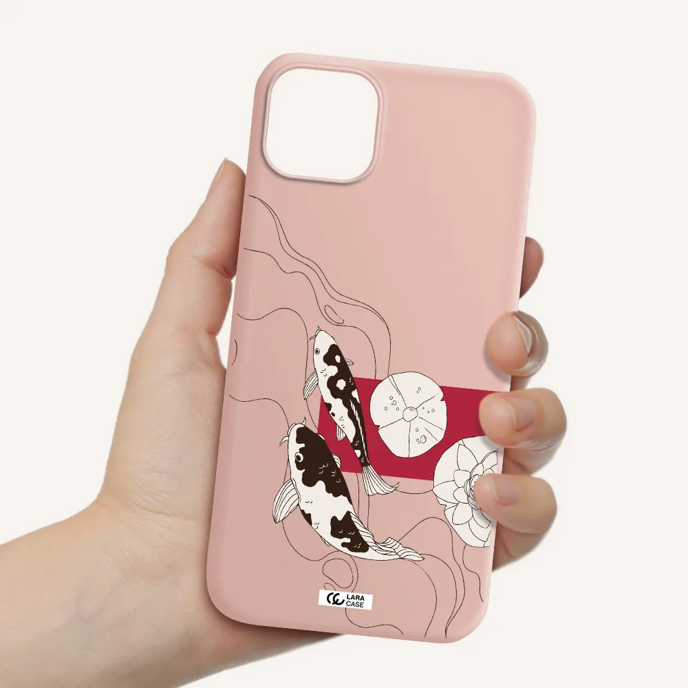 a black and white illustration of fish and flowers Apple iPhone 14 Silicone pastel pink Case