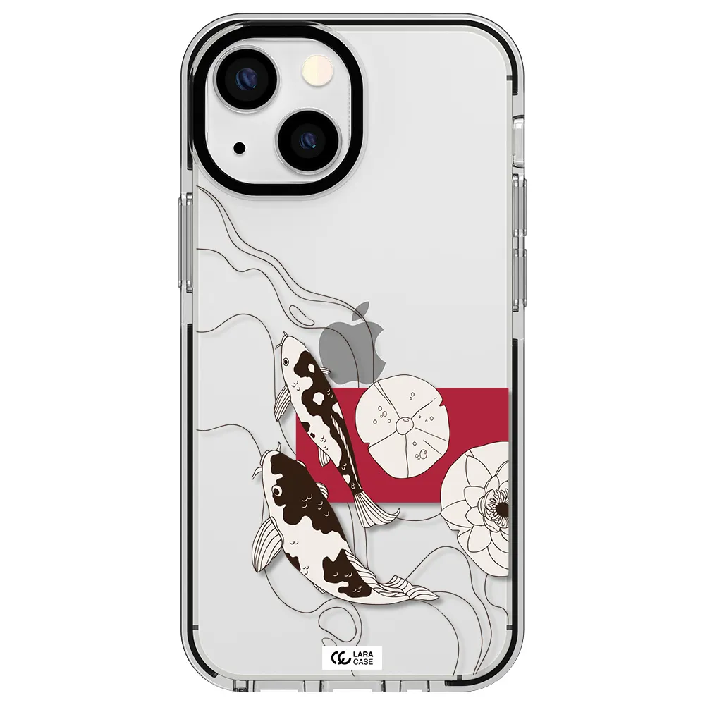 a black and white illustration of fish and flowers Apple iPhone 15 impact black border Case