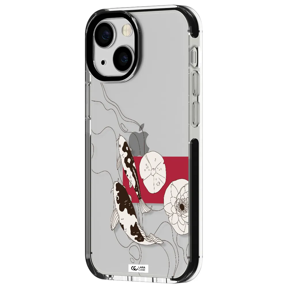 a black and white illustration of fish and flowers Apple iPhone 15 impact black border Case