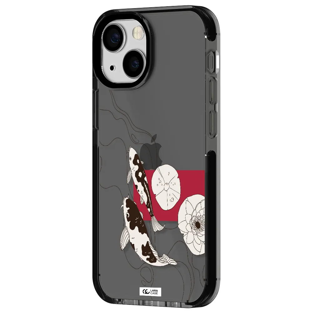 a black and white illustration of fish and flowers Apple iPhone 15 impact Smoke Black Case