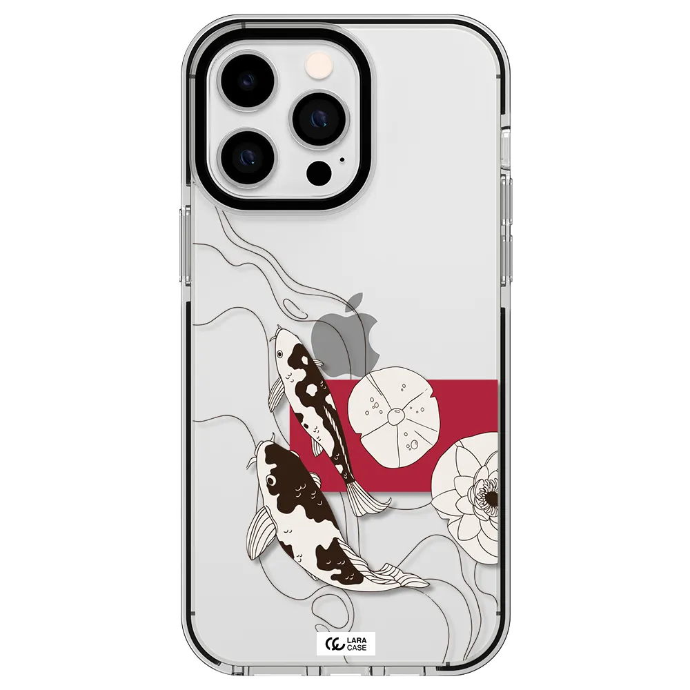 a black and white illustration of fish and flowers Apple iPhone 15 Pro Max impact black border Case