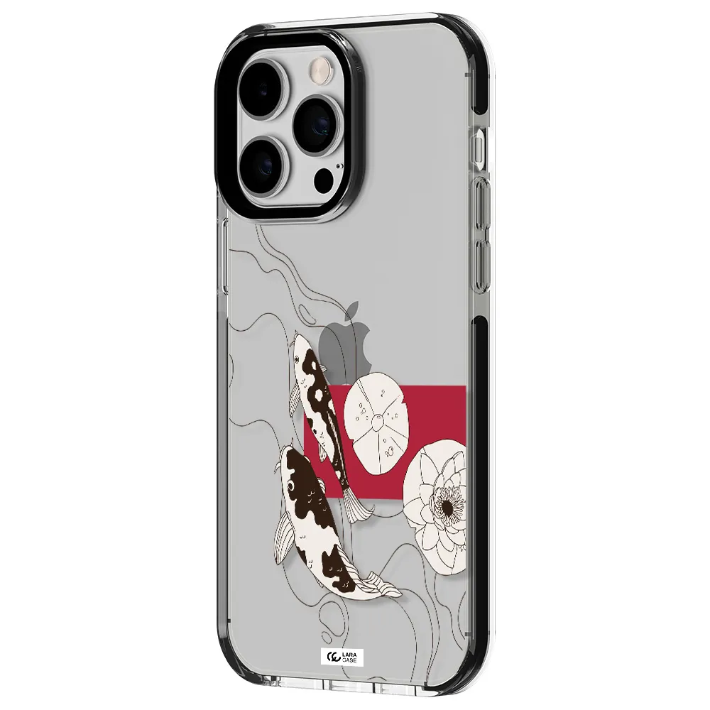 a black and white illustration of fish and flowers Apple iPhone 15 Pro Max impact black border Case