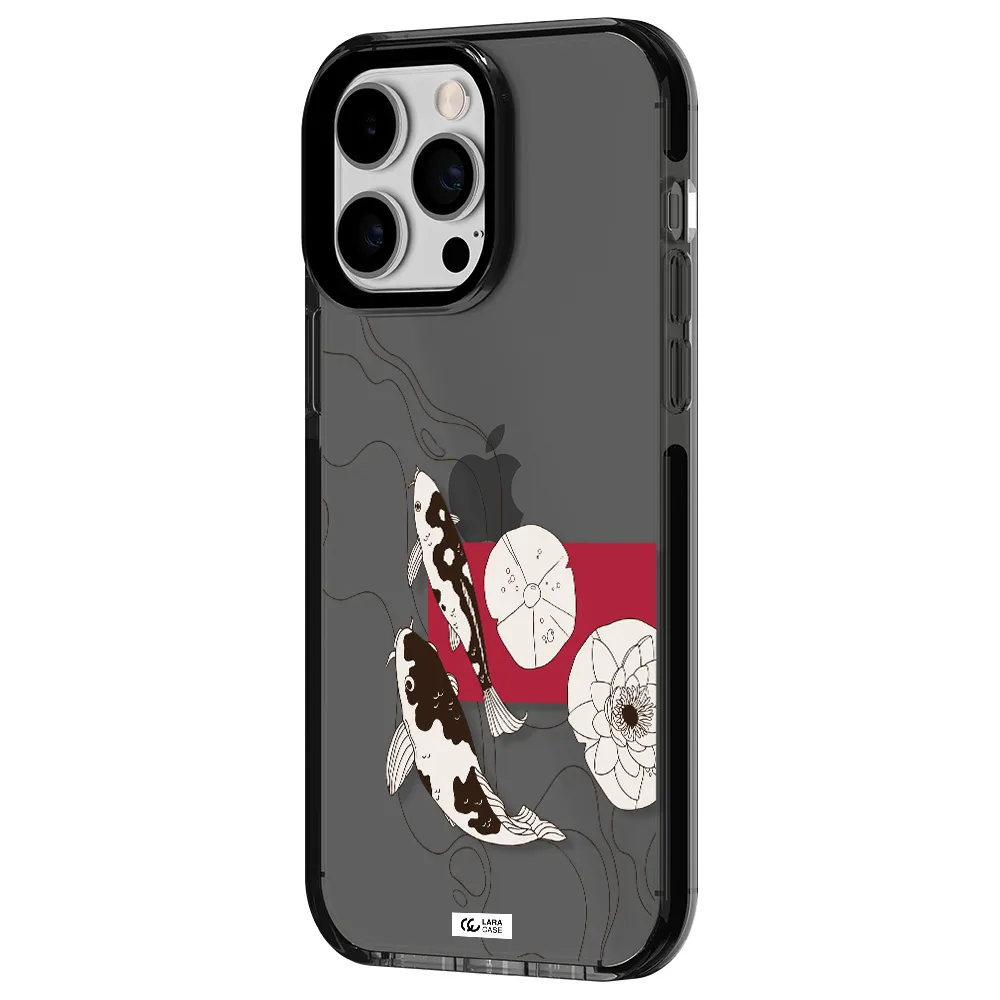 a black and white illustration of fish and flowers Apple iPhone 15 Pro Max impact Smoke Black Case