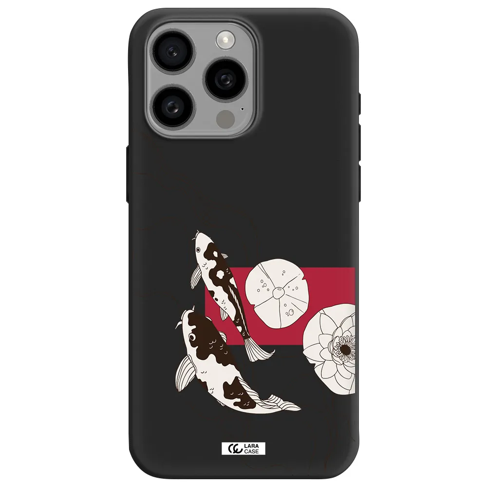 a black and white illustration of fish and flowers Apple Iphone 15 Pro max Silicone black Case