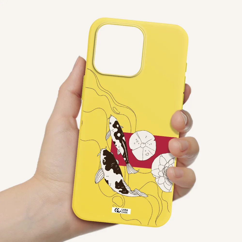 a black and white illustration of fish and flowers Apple Iphone 15 Pro max Silicone canary yellow Case