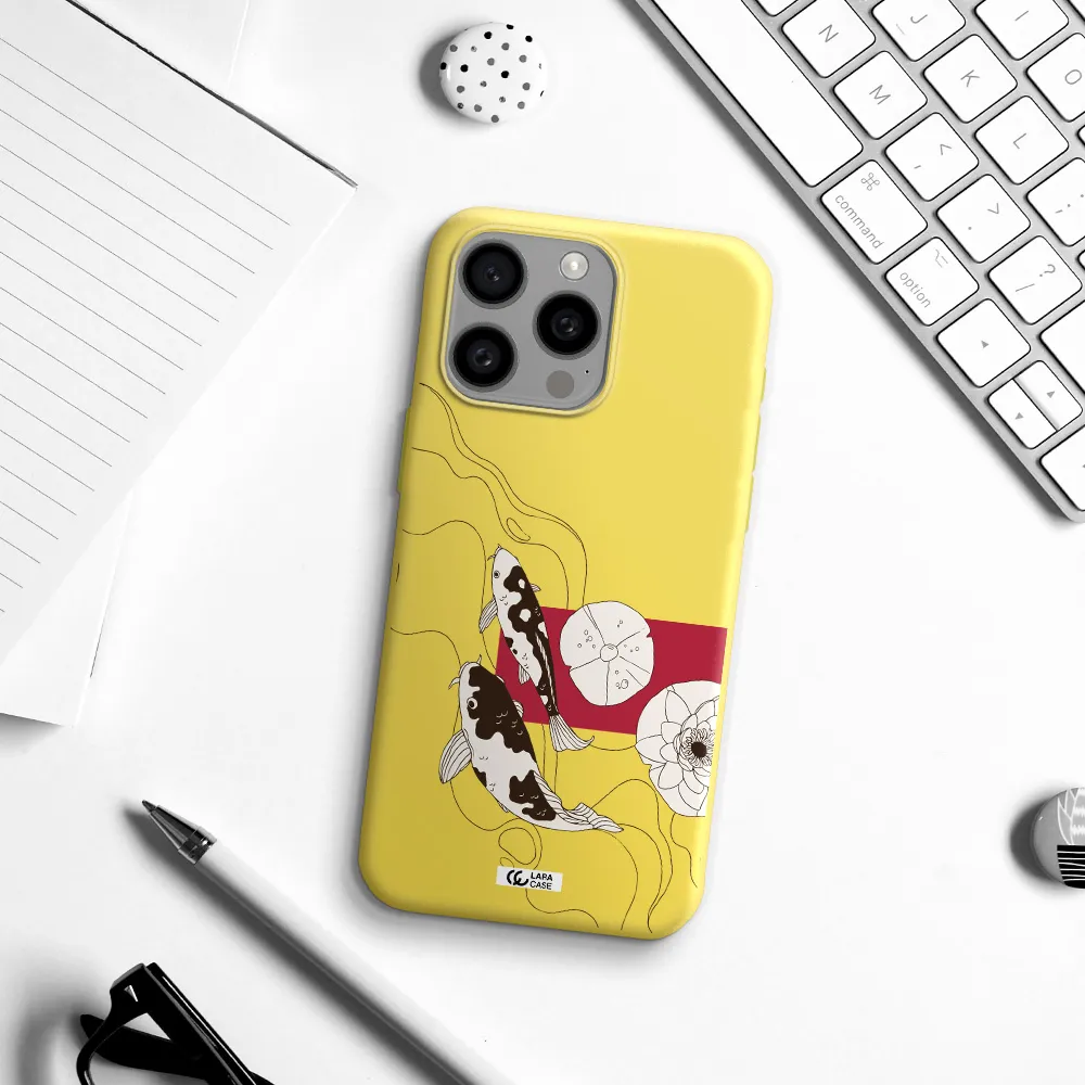 a black and white illustration of fish and flowers Apple Iphone 15 Pro max Silicone canary yellow Case