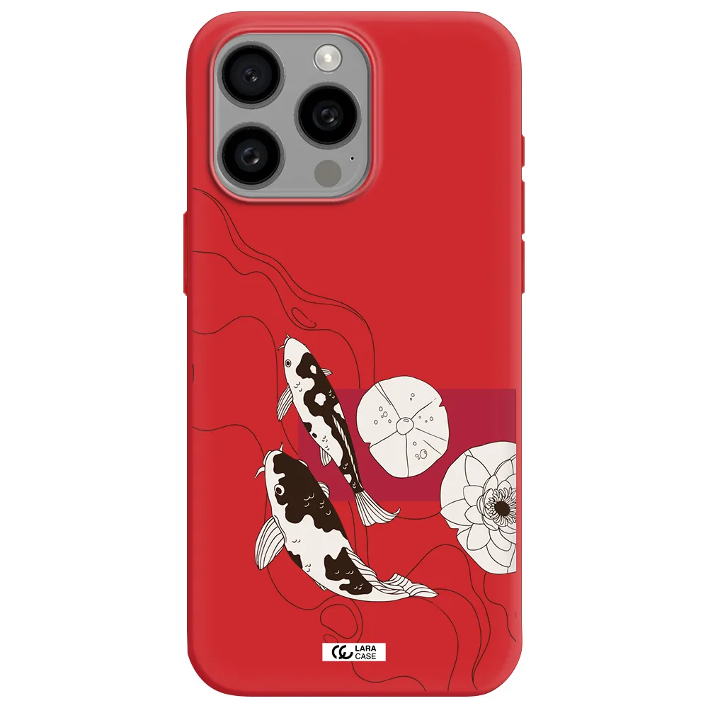 A Black And White Illustration Of Fish And Flowers Apple Iphone 15 Pro Max Silicone Imperial Red Case