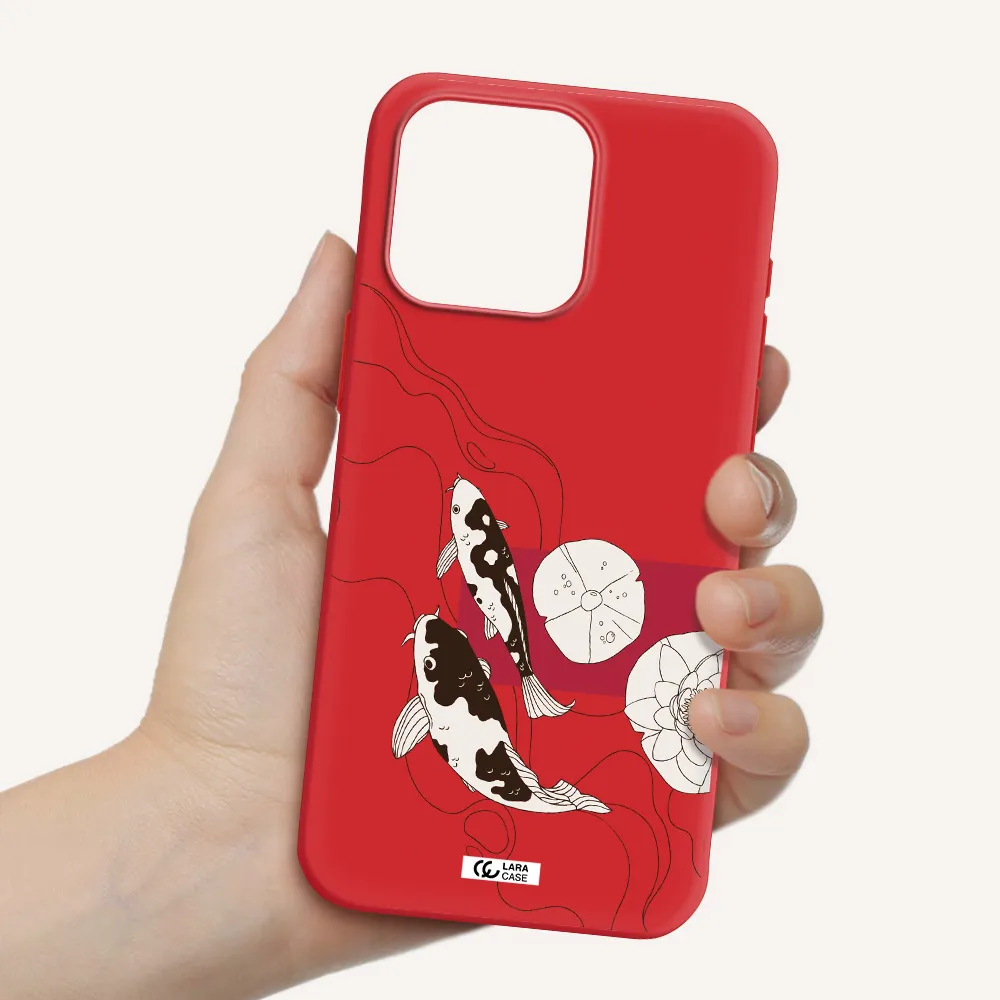 A Black And White Illustration Of Fish And Flowers Apple Iphone 15 Pro Max Silicone Imperial Red Case
