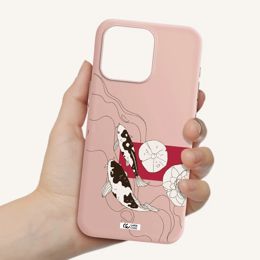 a black and white illustration of fish and flowers Apple Iphone 15 Pro max Silicone pastel pink Case