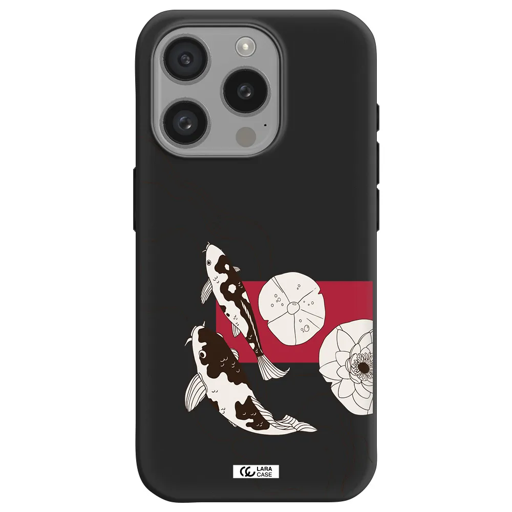 A Black And White Illustration Of Fish And Flowers Apple Iphone 15 Pro Silicone Black Case