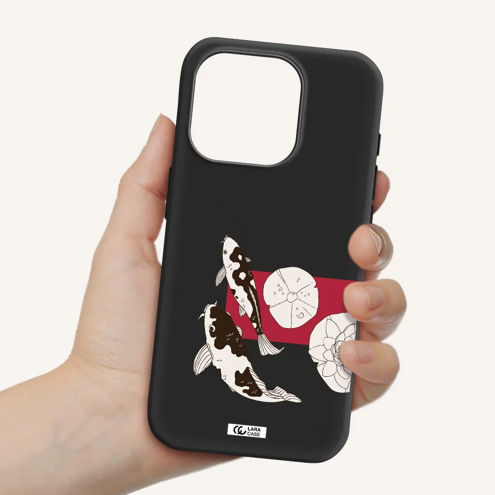 A Black And White Illustration Of Fish And Flowers Apple Iphone 15 Pro Silicone Black Case