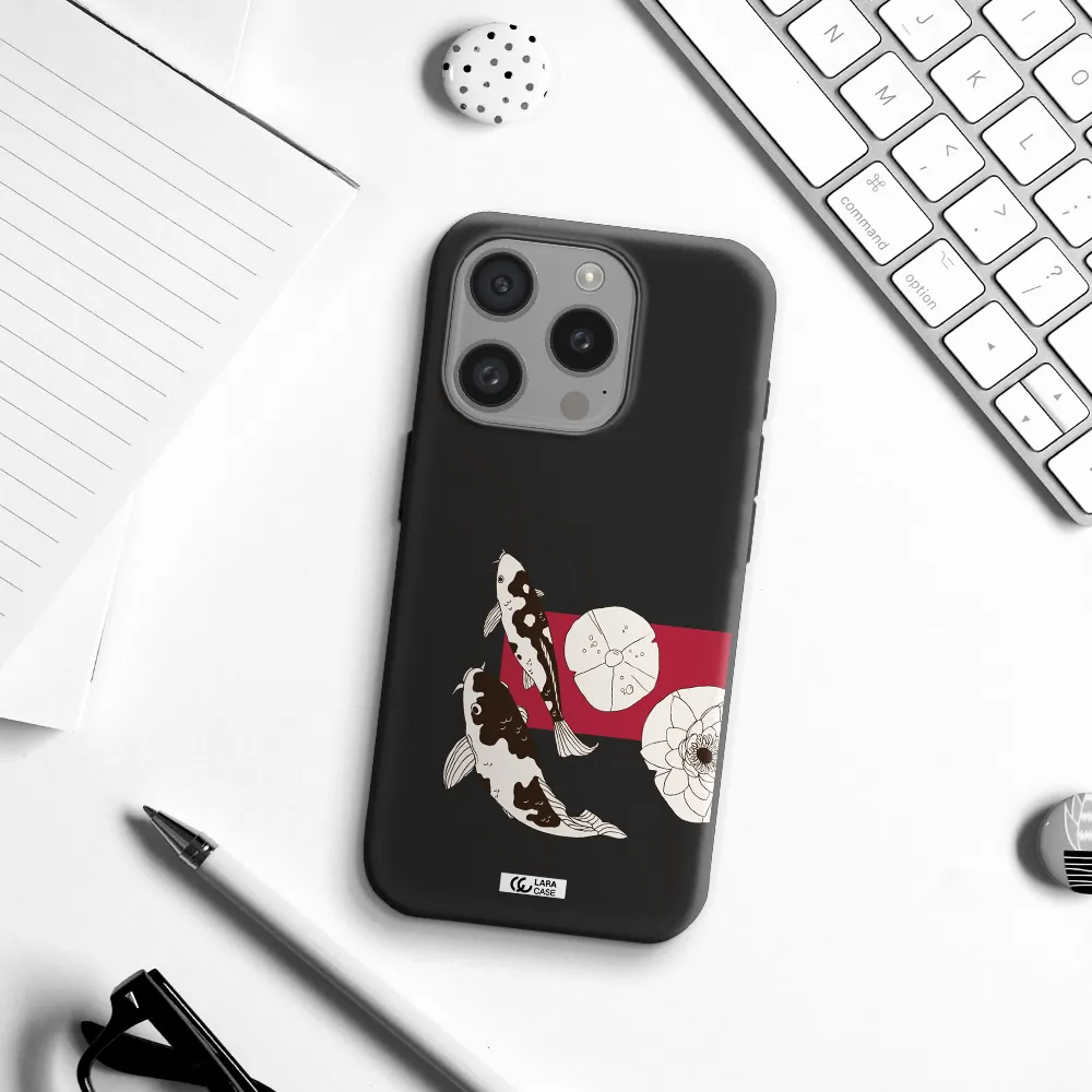 A Black And White Illustration Of Fish And Flowers Apple Iphone 15 Pro Silicone Black Case