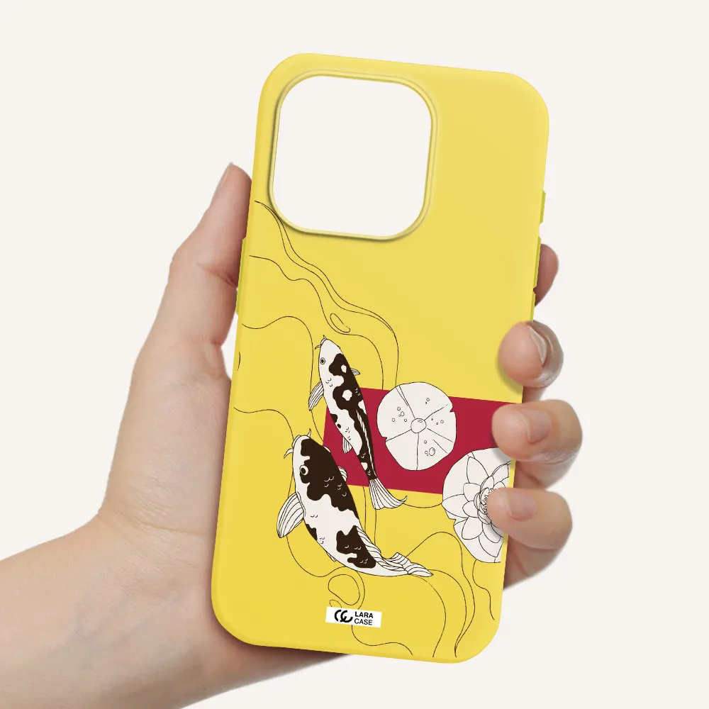 A Black And White Illustration Of Fish And Flowers Apple Iphone 15 Pro Silicone Canary Yellow Case