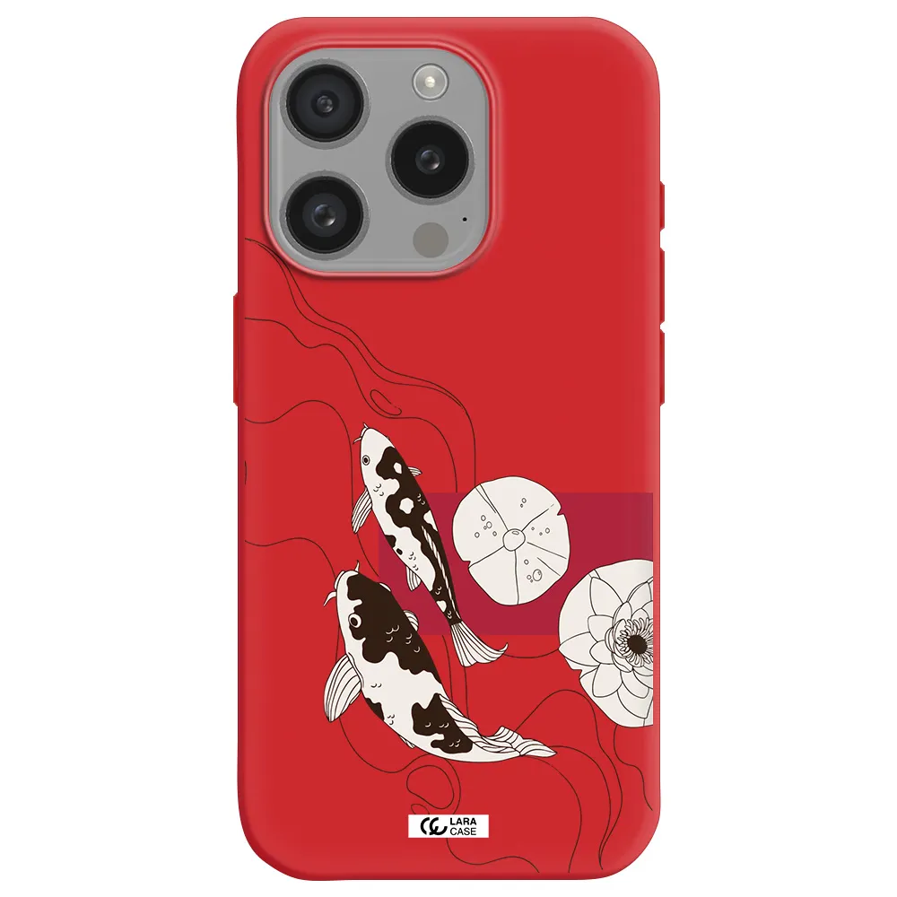 A Black And White Illustration Of Fish And Flowers Apple Iphone 15 Pro Silicone Imperial Red Case