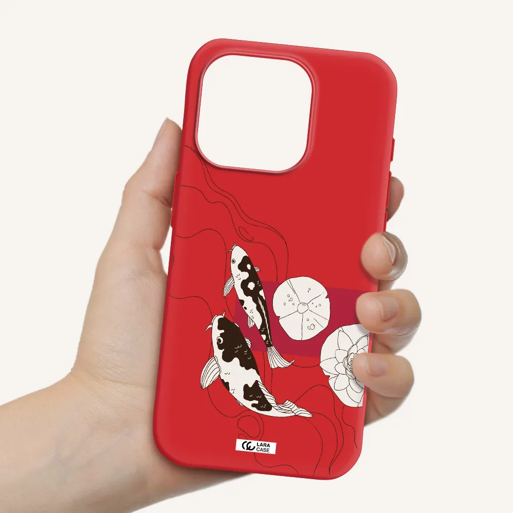 A Black And White Illustration Of Fish And Flowers Apple Iphone 15 Pro Silicone Imperial Red Case