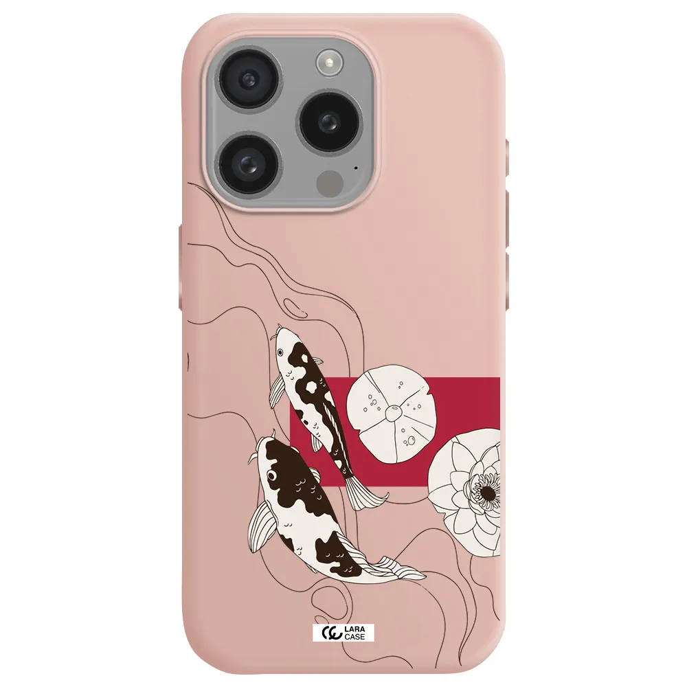 A Black And White Illustration Of Fish And Flowers Apple Iphone 15 Pro Silicone Pastel Pink Case
