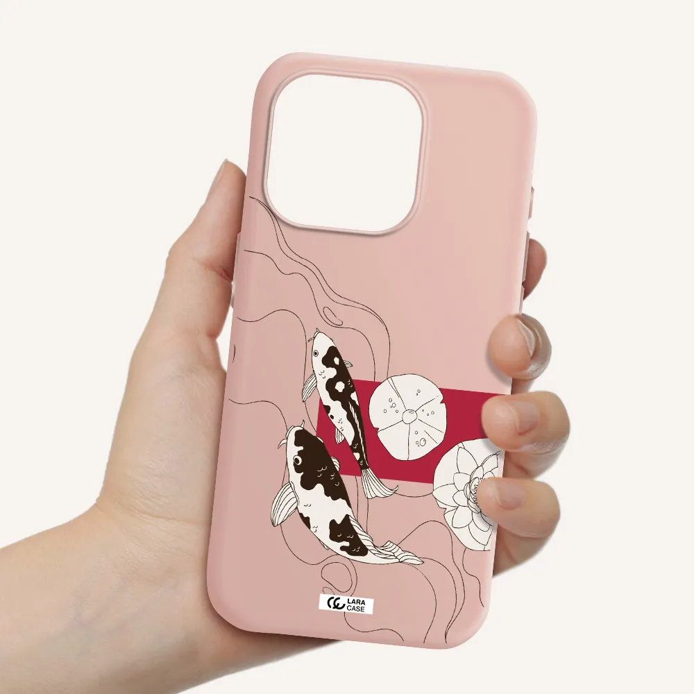 A Black And White Illustration Of Fish And Flowers Apple Iphone 15 Pro Silicone Pastel Pink Case