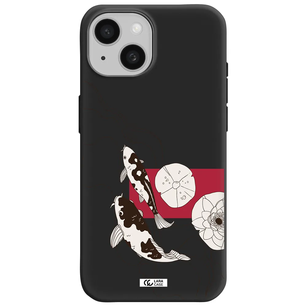 a black and white illustration of fish and flowers Apple iPhone 15 Silicone black Case