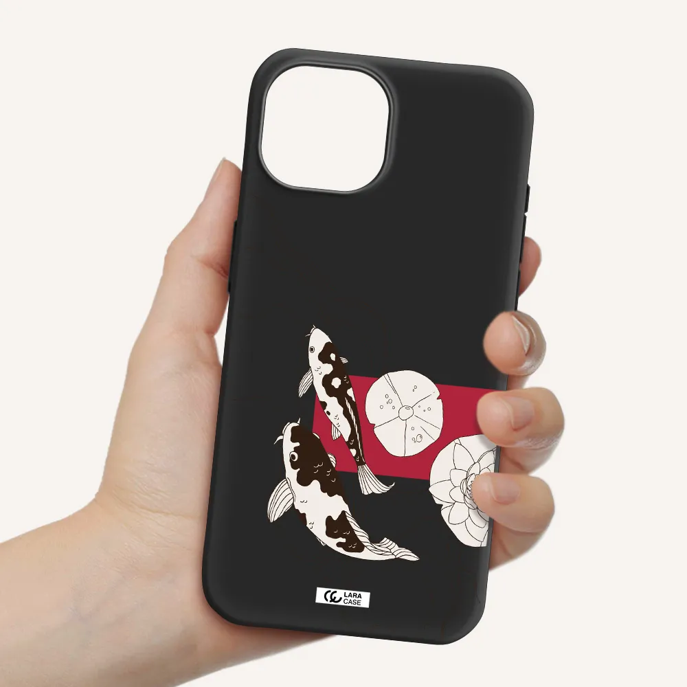 a black and white illustration of fish and flowers Apple iPhone 15 Silicone black Case