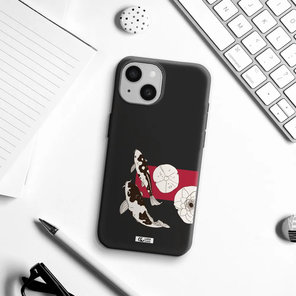 a black and white illustration of fish and flowers Apple iPhone 15 Silicone black Case