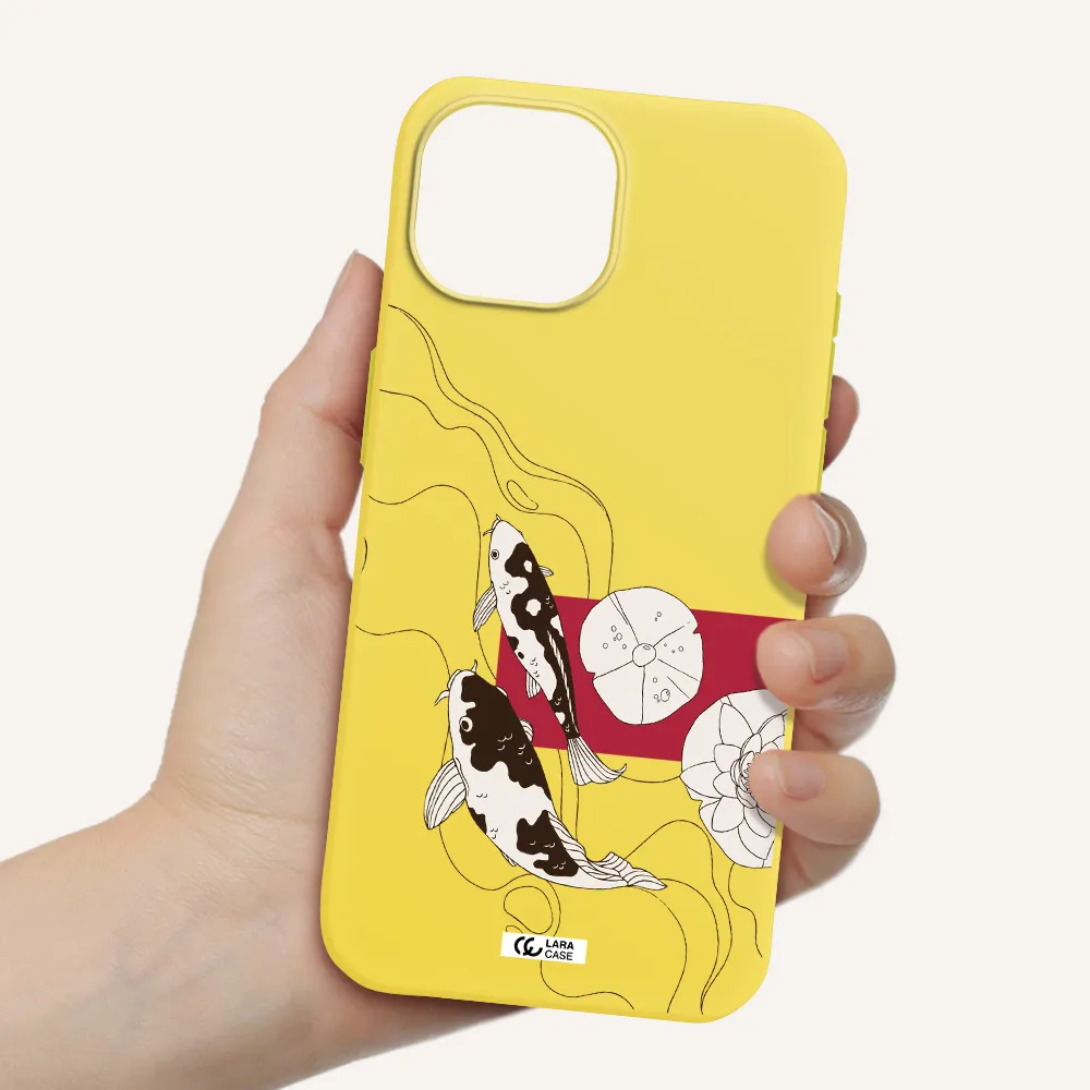 a black and white illustration of fish and flowers Apple iPhone 15 Silicone canary yellow Case