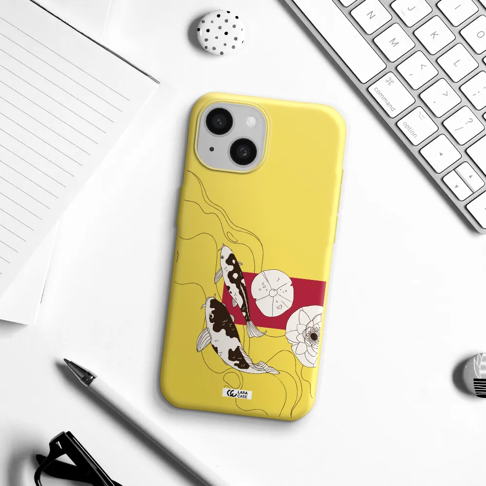 a black and white illustration of fish and flowers Apple iPhone 15 Silicone canary yellow Case