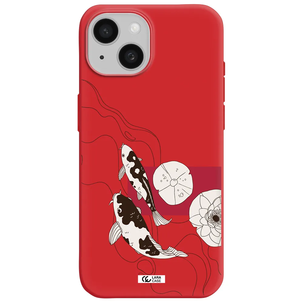 A Black And White Illustration Of Fish And Flowers Apple Iphone 15 Silicone Imperial Red Case