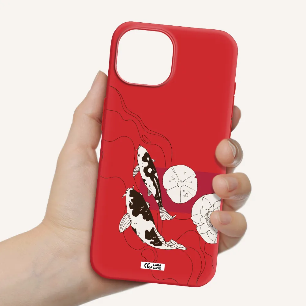 A Black And White Illustration Of Fish And Flowers Apple Iphone 15 Silicone Imperial Red Case