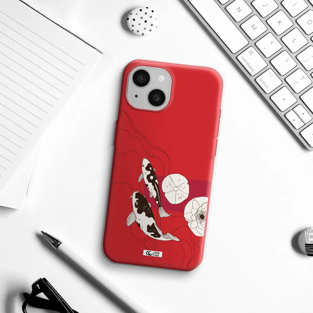 A Black And White Illustration Of Fish And Flowers Apple Iphone 15 Silicone Imperial Red Case