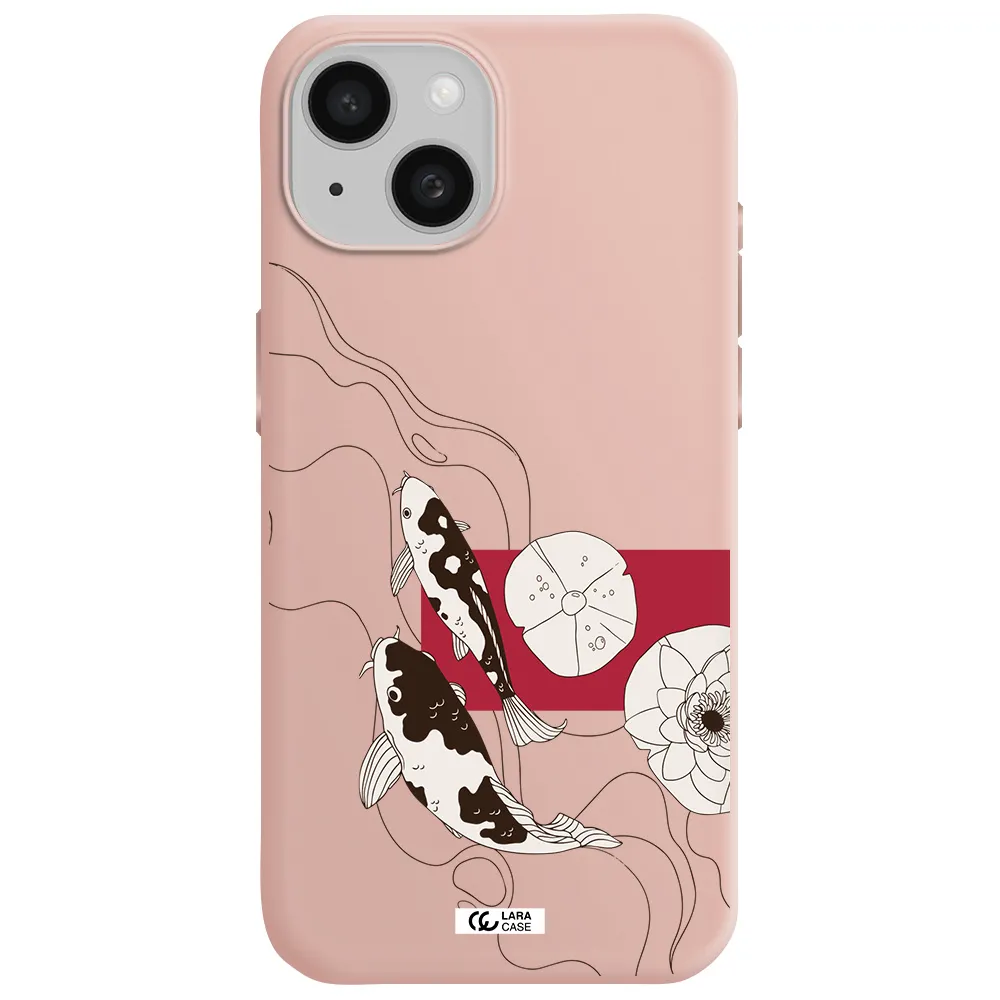 A Black And White Illustration Of Fish And Flowers Apple Iphone 15 Silicone Pastel Pink Case