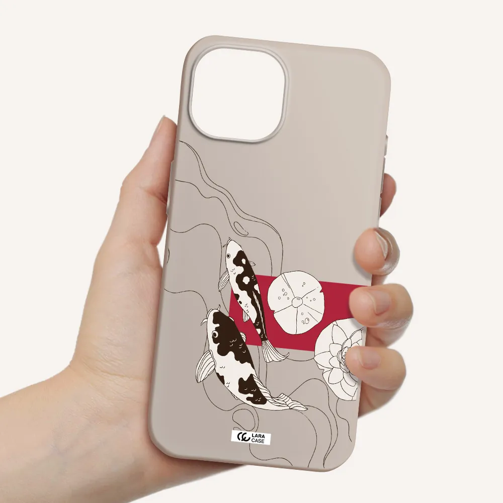 a black and white illustration of fish and flowers Apple iPhone 15 Silicone Stone Case